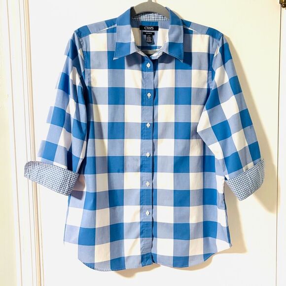 Chaps L No-Iron cotton plaid 3/4 sleeve gingham print with mixed print trim butt - Picture 1 of 9